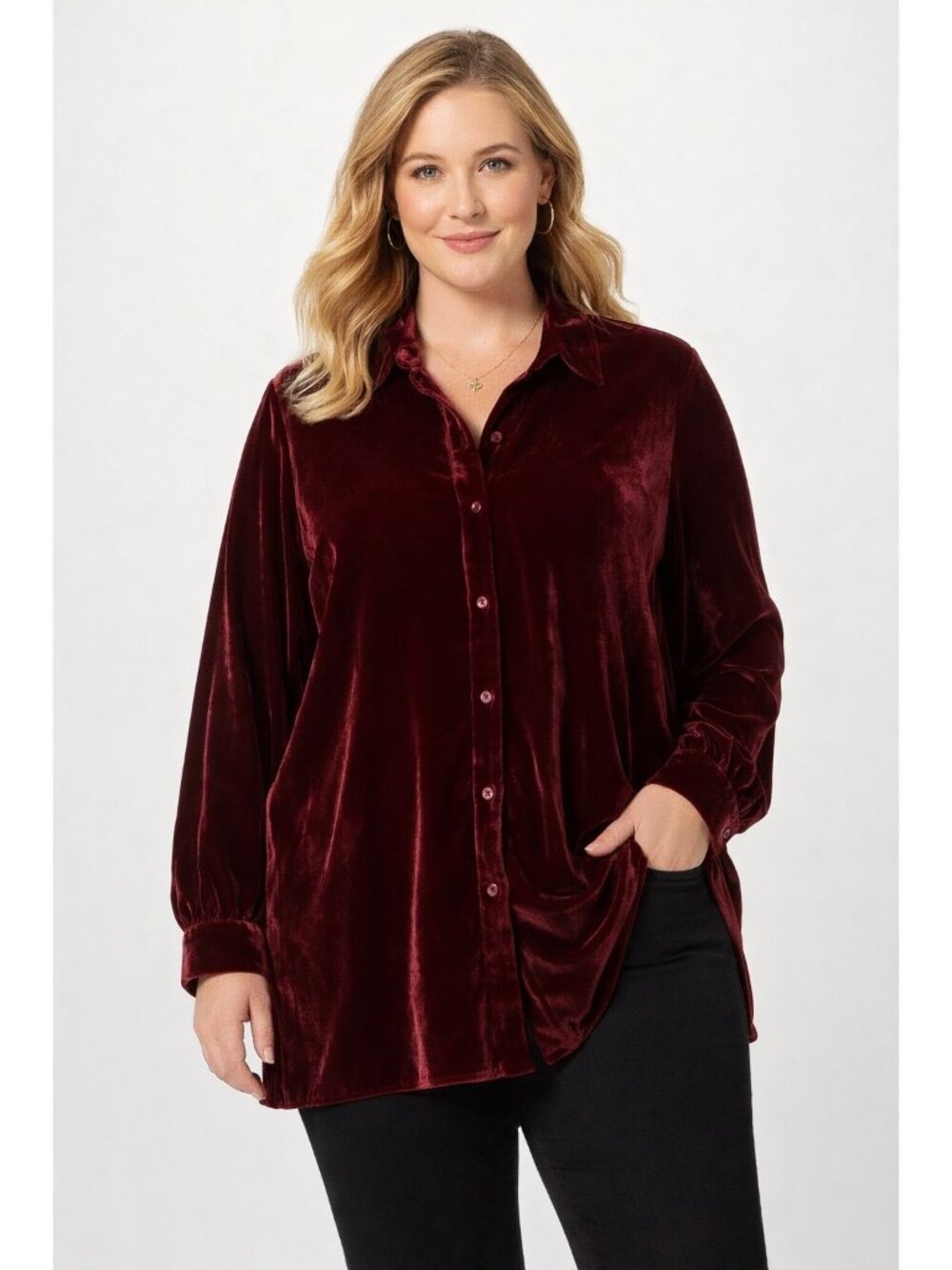 Soft Surroundings Blouse XL Burgundy Velvet Holiday Button Down Top Quiet Luxury